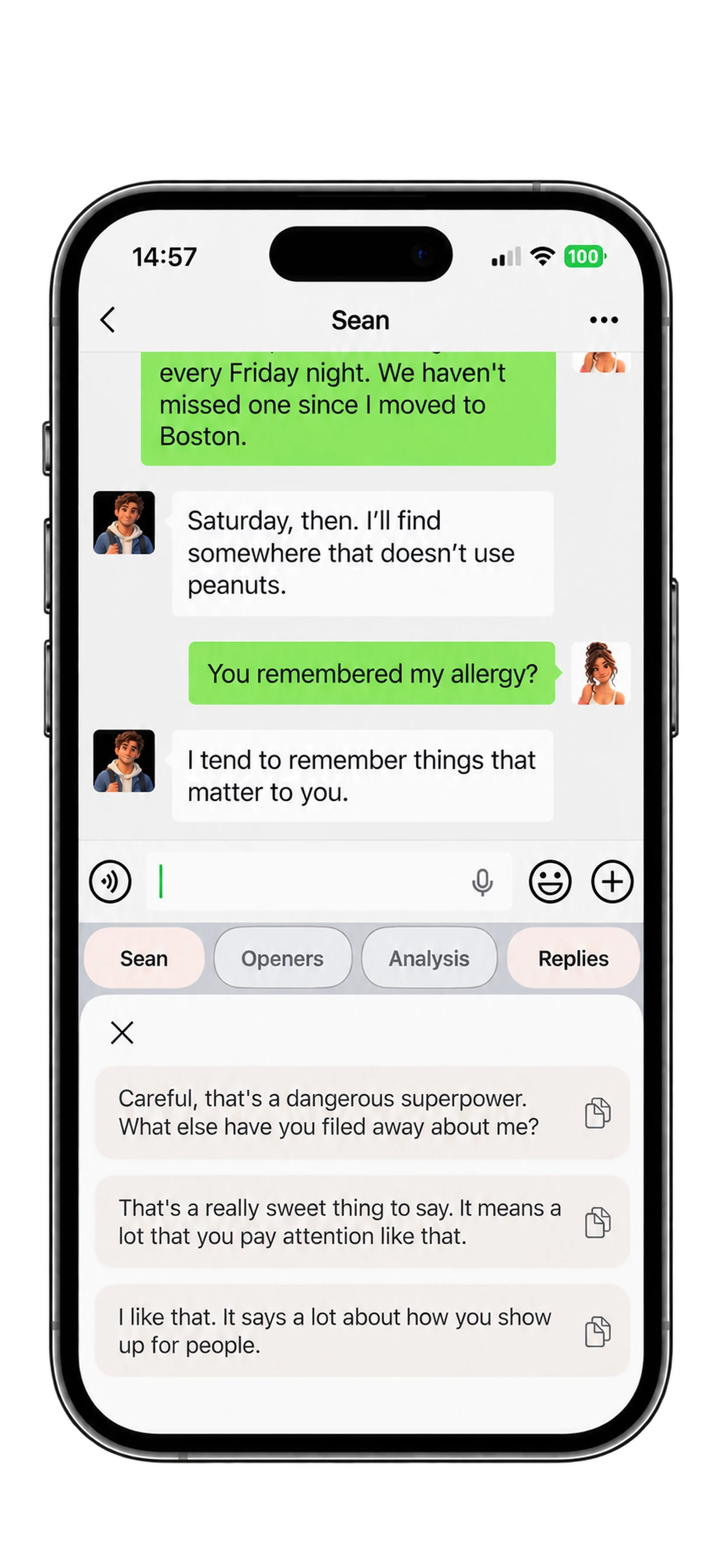 Three suggested replies shown in the AmoraKey keyboard