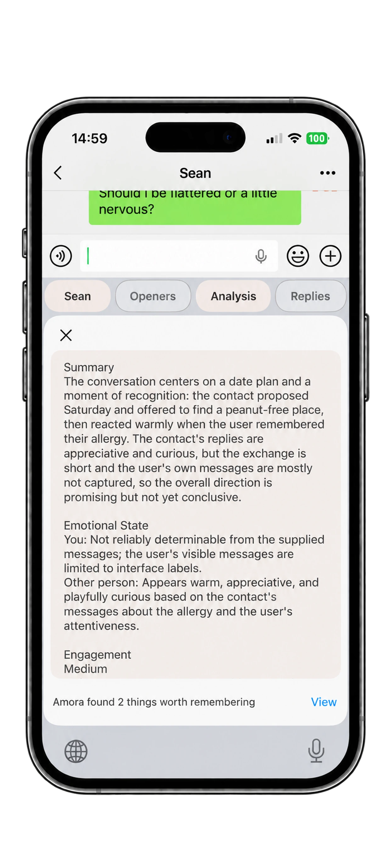 AmoraKey conversation analysis displayed on a phone